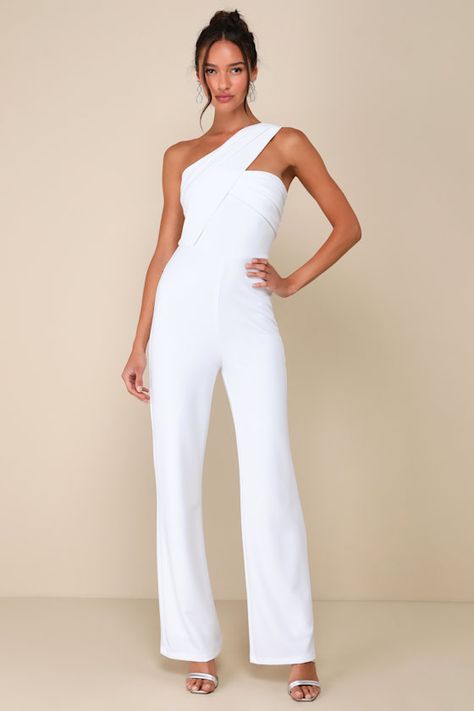 Nice Jumpsuits Classy, White Dressy Jumpsuit Classy, White Jumpsuit Graduation Outfit, Dressy Jumpsuits For Petite Women, Casual Rehearsal Dinner Outfit, White Jumpsuit Formal, Women Jumpsuit Outfits, Havana Party, White Jumpsuit Wedding