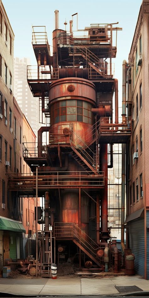 Steam Punk Factory, Old Factory Architecture, Steampunk Factory, Steampunk Architecture, Industrial Punk, Industrial Era, Steampunk City, Industrial City, Steampunk Aesthetic