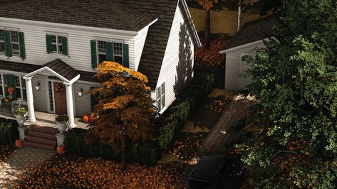 Sims 4 Split Level House, Bloxburg Fall Backyard Ideas, Sims 4 Fall House, Sims 4 90s House, Sims 4 Colonial House, Sims 4 Copperdale, Sims 4 Neighborhood, Sims 4 Autumn House, Sims Floor Plans