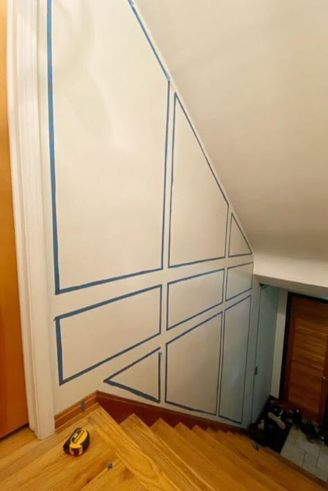 Easy Hallway Panelling DIY | 136 home Wall Trim Staircase, Box Trim Angled Wall, Wall Paneling Ideas Stairwell, Stairs Wall Panelling Design, Gallery Wall With Wainscoting, Slanted Wall Panelling, Textured Hallway Walls, Entryway Wall Paneling Ideas, Foyer Wall Trim