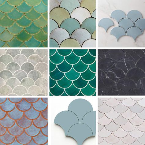 Bathroom Tiles Texture, Fish Scale Tiles, Terra Cotta Tile, Scallop Tiles, Moroccan Fish Scale Tile, Moroccan Fish Scale, Ogee Drop, Mercury Mosaics, Fish Scale Tile