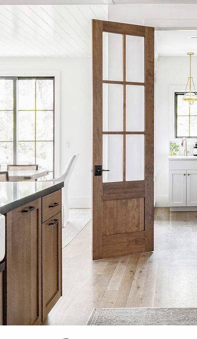 Wood Door For Pantry, Wood And Glass Pantry Door, Stained Pantry Door, Interior Kitchen Door, Walnut Doors Interior, Wooden Glass Door Design, Refinishing Doors, Wooden Pantry Door, Stained French Doors