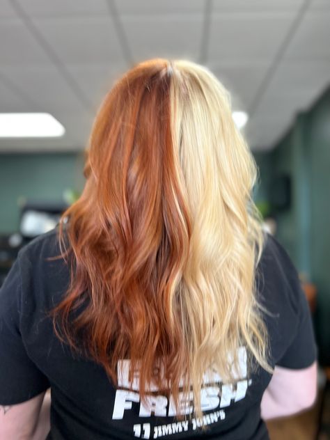 Color Block Copper And Blonde Hair, Orange Creamsicle Hair, Ginger Blonde Split Dye, Half Ginger Half Blonde Hair, Half Red Half Blonde Hair, Red And Blonde Split Dye, Half Blonde Half Ginger Hair, Dye Inspiration, Blonde Underneath