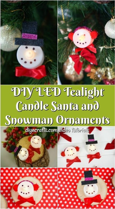 DIY Led Tealight Candle 3D Santa and Snowman Ornaments - Make this simple and beautiful snowman and Santa Christmas candle decorations in just a few minute's time!  Ideal for adding to your holiday tree or the top of a gift! #snowman #santa #candles #diycraft #homemadeornament Tealight Crafts, Salt Ornaments, December Newsletter, Diy Christmas Snowman, Tea Light Snowman, Real Candles, Santa Candle, Candle Decorations, Snowman Candle