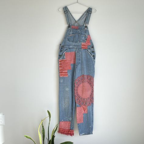 Hand Painted Overalls, Painted Overalls, Antique Singer Sewing Machine, Patchwork Overalls, Blue Denim Overalls, Pink Patchwork, White Lace Shirt, Madder Root, Tiny White Flowers