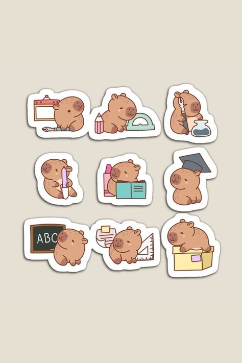 Collection of school and students Capybara in kawaii funny style, all cute Animals with different school accessories.     sticker, animal, capybara, student, school, education, small, pack, hydro, funny, happy, doodle, kawaii, set, cartoon, cute School Stickers Free Printable, Capybara Sticker, Doodle Kawaii, Happy Doodle, Animal Canvas Paintings, Funny Capybara, Sticker Design Inspiration, School Funny, Black And White Stickers