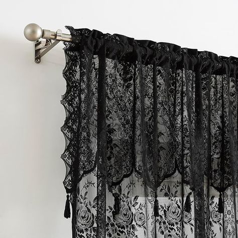 Amazon.com: Warm Home Designs Pair of 2 Black Color Standard Length 54” (W) x 84” (L) Semi Sheer Lace Curtain Panels & Attached Valances with 6 Tassels. Classic Elegant English Rose Pattern. L Black 84” : Home & Kitchen Black Gothic Curtains, Black Lace Curtains Bedroom, Black Out Curtains Bedroom Ideas, Steampunk Curtains, Black Lace Curtains, Lace Curtains Bedroom, Gothic Curtains, Curtain Pull Backs, Black Sheer Curtains