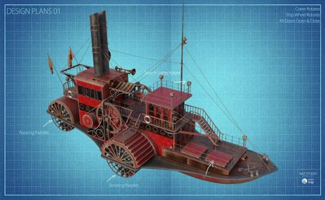 Steampunk Paddle Boat Steampunk Riverboat, Boats Minecraft, Steampunk Boat, Steampunk Rpg, Army Tech, Steampunk Ship, Minecraft Steampunk, Steampunk City, Paddle Wheel