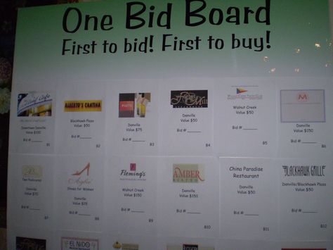 Professionally designed One Bid Board. http:www.charityauctionworld.com Silent Auction Display, Auction Games, Charity Work Ideas, Sports Fundraisers, Fun Fundraisers, Fundraising Activities, Auction Baskets, School Auction, Gala Ideas