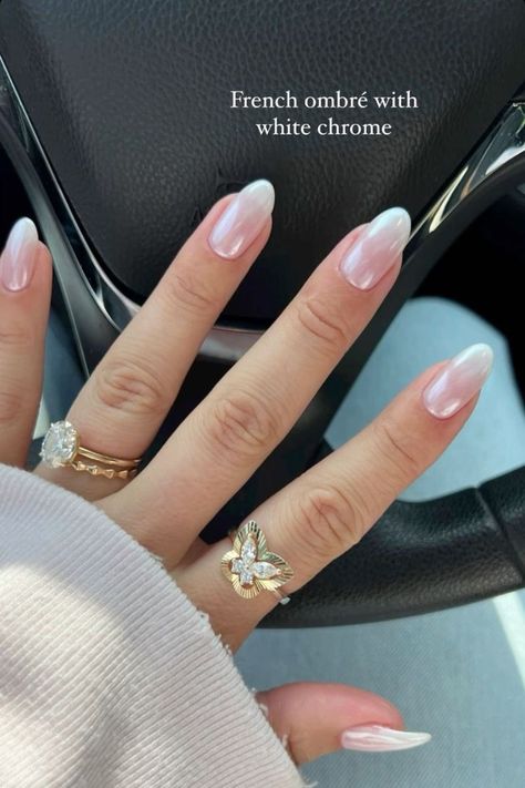 Proposal Nails French Tip, Cute Soft Almond Nails, Aesthetic Almond Nails Simple, Wedding Day French Manicure, Bridal Nails Almond Shape Ombre, French Top Chrome Nails, Nails Acrylic Clean Girl, Nail Ideas 2023 Almond, Soft Girl Almond Nails