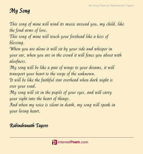 My Song Poem by Rabindranath Tagore Tagore Poems, Rabindranath Tagore Poem, Poem Topics, Swami Vivekanand, Happy Poems, German Translation, Family Poems, Rhyme Scheme, Birthday Poems