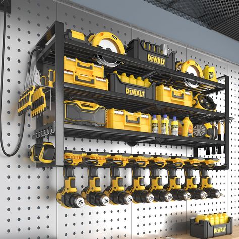 PRICES MAY VARY. BIG TOOL ORGANIZERS: SOYEEZE power tool organizer with 8 built in outlets is a 4 layer 8 drills holder designed for all power tools and cordless drills. With the huge capacity of load, your tools will be organized and easy to find. SPACE SAVING: The wall mount tool organizer has a revolutionary structure design that provides exceptional stability for your drills racks. The garage tool box organization can be mounted on concrete, drywall, or pegboard as perfect tool organizers in Bauer Power Tools, Workshop Pegboard Organization, Garage Storage Bin Organization, Garage Tool Organization Ideas, Utility Corner, Tool Shop Organization, Drill Organizer, Garage Wall Organizer, Garage Storage Rack