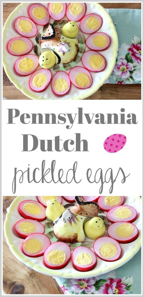 This recipe for pickled eggs (or red beet eggs) is a Pennsylvania Dutch classic that is perfect any time of year, but a must for Easter. #hymnsandverses #recipe #pennsylvaniadutch #amish #amishrecipe #mennoniterecipe #pickledeggs #eggs #pennsylvaniadutchrecipe #eggrecipe #hardboiledeggs #easterrecipe #picnic #picnicrecipe Pennsylvania Dutch Recipes Dinners, Recipe For Pickled Eggs, Red Beet Eggs Recipe, Red Beet Eggs, Beet Eggs, Amish Dishes, Glucose Goddess, Easy Apple Dumplings, Pickled Eggs Recipe