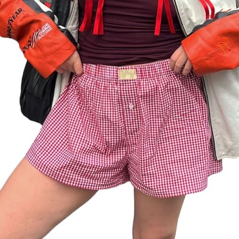 Plaid Shorts Outfit, Boxer Shorts For Women, Shorts Outfit Casual, Aesthetic Plaid, Aesthetic Streetwear, Pj Shorts, Cute Pajamas, England Fashion, Elastic Waist Shorts