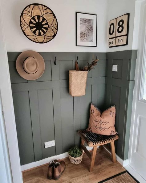 Bathroom Board And Batten With Hooks, Gray Board And Batten, Board And Batten Trim, Woven Stool, Boho Hallway, Turquoise Cottage, Bedroom Revamp, Boho Entryway, Create Room