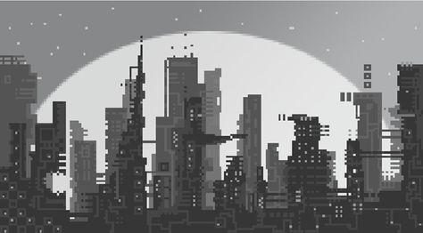 Pixel art - City view, Black Duck Overlord on ArtStation at https://www.artstation.com/artwork/ne5Go 280 X 280 Pixels Icon, Black Pixel Wallpaper, Black Pixel Art, Pixel Art Black And White, City Pixel Art, Black And White Pixel Art, Art On Black Background, Background Pixel, Pixel Background