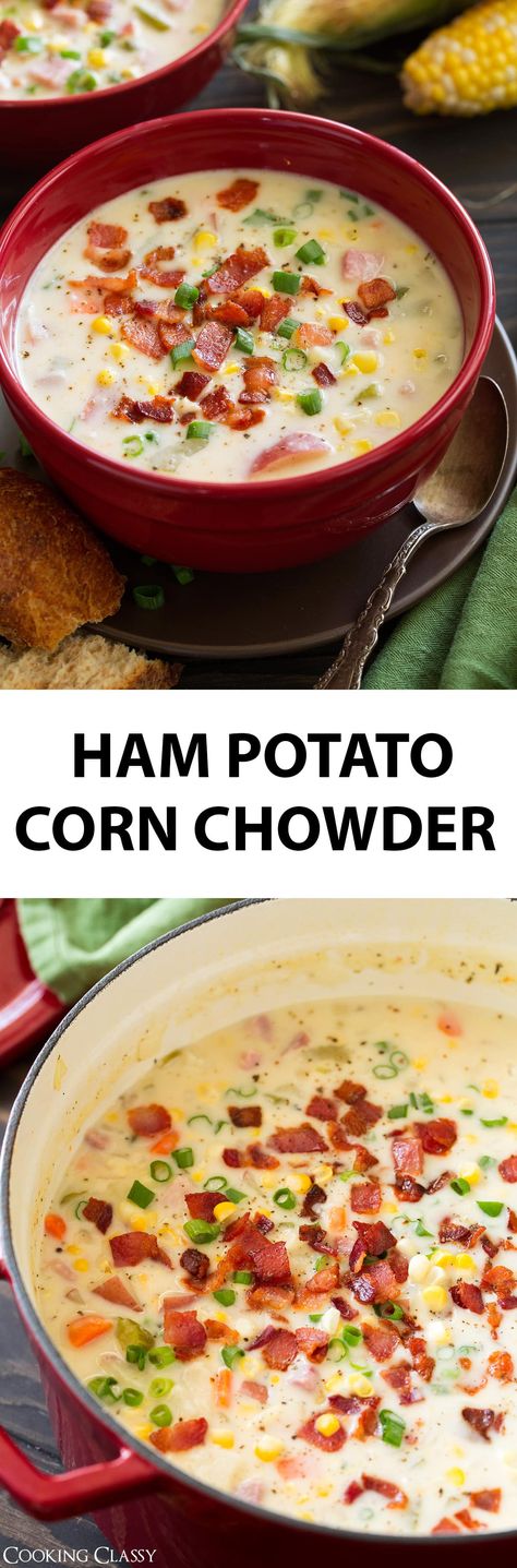 Creamy Ham Potato and Corn Chowder - the ultimate comfort food! This soup is amazing! #potatochowder #cornchowder #soup #fall #recipe Ham And Corn Chowder, Corn Chowder With Ham, Potato And Corn Chowder, Thanksgiving Ham, Ham Chowder, Soup Fall, Potato Corn Chowder, Leftover Thanksgiving, Ham Potato