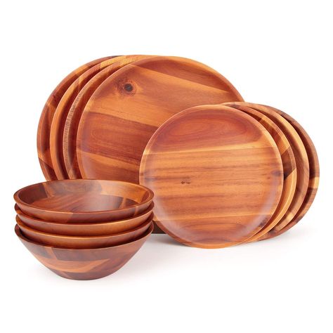 PRICES MAY VARY. 【12pcs Dinnerware Set】--The Wood Dinnerware Set includes 4pcs wood dinner plates, 4pcs wood appetizer plates and 4pcs soup bowls. You can serve all kinds of foods with the eye-catching wood plates and bowls . 【Exquisite Workmanship & High Quality】--The Dinnerware Set is made of 100% acacia wood, which is sturdy enough and not broken easily. Meanwhile, the unique wood color and grain makes your tableware set more gorgeous. 【Lightweight and Easy To Use】--Compare with traditional w Wooden Dinnerware, Wood Plates, Wood Dishes, Melamine Dinnerware Sets, Wooden Dishes, Plates And Bowls Set, Wooden Plates, Appetizer Plates, Soup Bowls