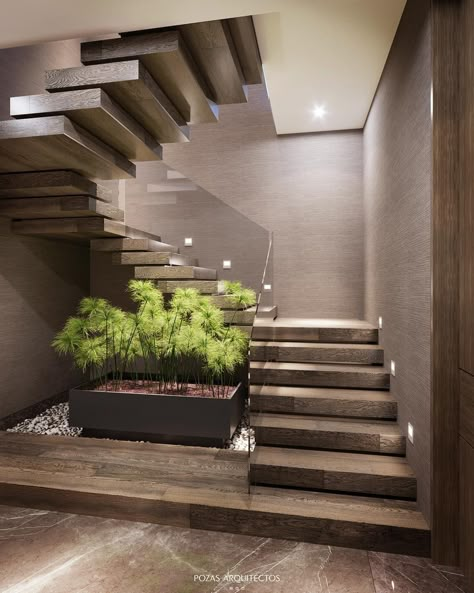 Love the Zen feel of the floating steps around the square planter. Soft taupe & green complemented by recessed lighting & plexi railing درج السلم, تحت الدرج, Real Estate Lead Generation, Stairs Architecture, Stairway Design, Stairs Design Modern, Staircase Decor, Modern Stairs, Home Stairs Design