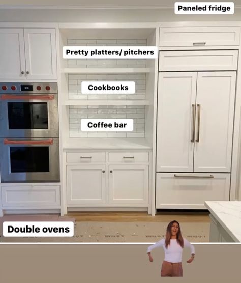 Open Shelving In The Kitchen By Fridge, Fridge And Ovens On Same Wall, Double Wall Ovens Ideas Layout, Double Oven Kitchen Layout Farmhouse, Double Oven Wall Layout, In The Wall Oven, Kitchen Remodel Double Oven, Oven In Peninsula Kitchen, Double Oven Galley Kitchen Layout