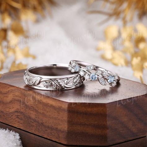 Leaf Couple Rings Set for Men and Women, Men Wedding Band, Aquamarine Floral Engagement Ring, White Gold Wedding Ring Set, Handmake Jewelry - Etsy Fairytale Wedding Ring Set, Dream Engagement Rings Men, Matching Wedding Rings Silver, Wedding Rings Engagement Man, Floral Wedding Rings, Couples Wedding Rings, Engagement Ring Couple, Wedding Rings Matching, Wedding Rings Men