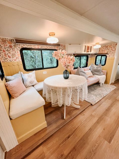 Rv Wallpaper, Rv Living Room, Rv Inspiration, Dining Booth, Rv Interior Remodel, Camper Interior Design, Airstream Remodel, Camper Trailer Remodel, Dark Green Walls