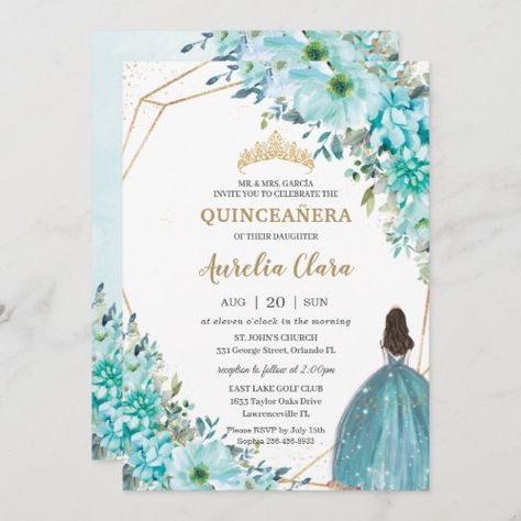 $1.98 | Quinceañera Turquoise Blue Floral Gold Princess - quinceañera 15th birthday invitation, elegant girly quinceanera invite, mexican spanish latina, chic whimsical timeless, dark brown brunette fair skin, mis quince 15 anos template, turquoise blue floral flowers greenery, gold princess tiara crown geometric, sweet 16 16th sixteen party, teal aqua cactus succulent glitter Princess Invitation, Butterfly Invitations, Green Princess, Princess Birthday Invitations, Princess Invitations, Quinceanera Party, Quinceanera Invitations, 15th Birthday, Turquoise Green