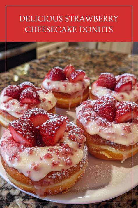 Golden donuts filled with creamy cheesecake and strawberry jam, offering a delicious taste sensation in each bite. Perfect for dessert lovers! Donuts For Valentines Day, Valentine Donut Ideas, Stuffed Donut Recipe, Doughnut Flavor Ideas, Valentine’s Day Brunch, Filled Donut Recipe, Pink Frosted Donut, Donuts At Home, Strawberry Donut