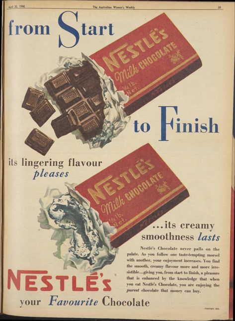 1946 advertisement for Nestlé's chocolate : Free Download, Borrow, and Streaming : Internet Archive Famous Chocolate Brands, Chocolate Advertisement, Nestle Milk, George Stephenson, Nestle Chocolate, Vintage Chocolate, Vevey, Old Advertisements, Chocolate Brands