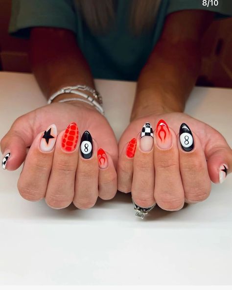 Harley Davidson Nails Designs Art Ideas, Nail Ideas Acrylic Western, Acrylic Nails With Different Designs On Each Nail, Fun Retro Nails, Funky Nails With Gems, Super Fun Nails, West Coast Nails, Red White And Blue Aura Nails, Koe Wetzel Nail Ideas