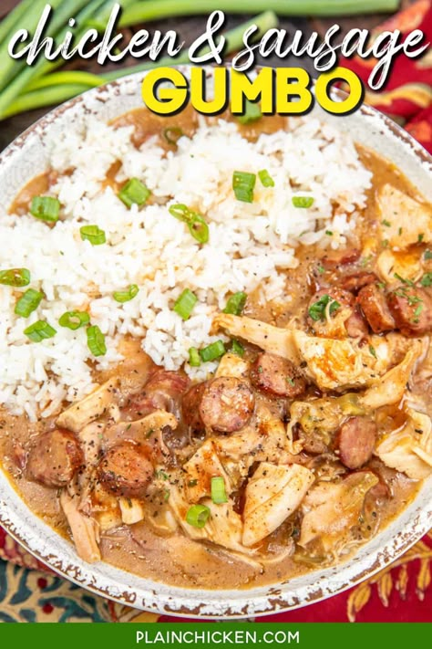 Chicken and Sausage Gumbo Recipe - A soul-warming blend of succulent chicken, smoky sausage, and a rich, dark roux, this dish is a celebration of the deep flavors of Louisiana. Slow-cooked to perfection, it's a culinary journey you won't want to miss. Serve it over fluffy white rice and garnish with fresh parsley for an authentic Creole experience. Just pin this recipe and embark on a flavor-packed adventure that's perfect for cozy gatherings and family dinners. Chicken Gumbo Recipe Easy, Easy Gumbo, Chicken And Sausage Gumbo, Chicken Sausage Gumbo, Gumbo Recipe Sausage, Chicken Gumbo, Chicken And Sausage, Homemade Cajun Seasoning, Sausage Gumbo