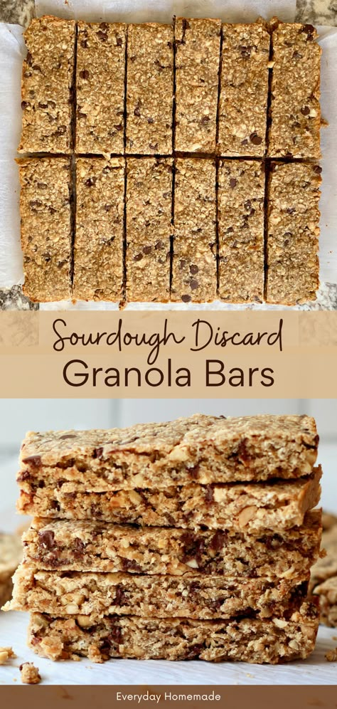 Turn your sourdough discard into a delicious summer snack with this easy Sourdough Discard Granola Bars recipe! Make these healthy granola bars in just 30 minutes, using 8 simple ingredients like oats, peanut butter, peanuts, and mini chocolate chips. Perfect for breakfast or snacking, they're a satisfying treat that will keep you fueled all day long. Try them today! Sourdough Granola, Chocolate Chip Sourdough, Sprouted Oats, Bake Granola Bars, Sprouted Seeds, No Bake Granola, Homemade Bars, Oats Peanut Butter, Recipe Using Sourdough Starter