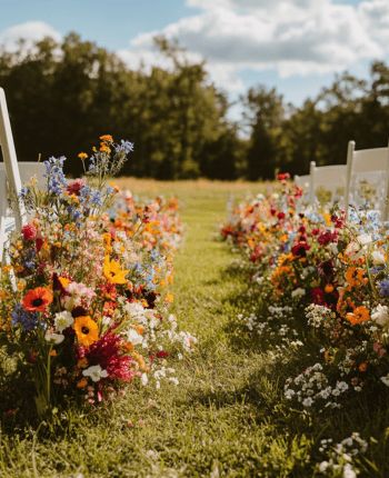 Tent Florals Wedding, Outdoor Wedding Wild Flowers, Wildflower Arch Arrangement, Wild Flowers Wedding Centerpiece, Mountain Wedding Wildflowers, Bright Wild Flowers Wedding, Rustic May Wedding, Wildflower Wedding Spring, June Backyard Wedding