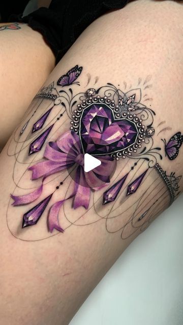 Sarah Thirteen on Instagram: "✨💜 Amethyst Garter 💜✨  Honestly I’ve found purple to be my nemesis in the past and generally a tricky colour to work with but I think I’m finding my flow with it now and it really came together for this piece!   Zoe was a sweetheart and travelled down for 2 day sessions to make this happen. When you’re flexible with the design and open to it taking a little longer to complete, you’ll always get my absolute best work. And I’ll always enjoying working on the project more with such an easy going client 💜   Really looking forward to doing more amethysts in the future! X   Created lovingly using @hustlebutterdeluxe 🤍" Garder Belt Tattoo Designs, Garder Belts Tattoos, Amethyst Tattoo, Belt Tattoo, Lace Garter Tattoos, Garter Tattoos, Garter Tattoo, Ink Master, Lace Garter