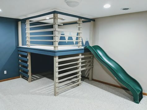 Basement Playground Diy, Slide In Basement, Indoor Playroom With Slide, Playroom Slide Ideas, Basement Playhouse With Slide, Indoor Slide Playroom, Indoor Playhouse With Slide, Playroom With Slide, Playroom Slide