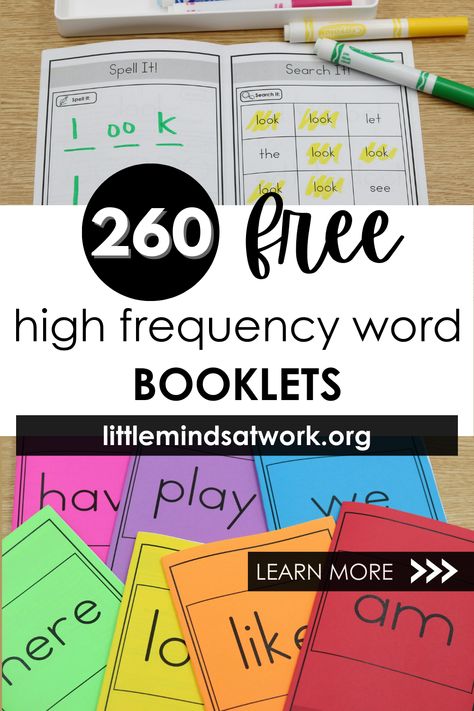 These high frequency words booklets can be used in multiple settings: whole-group instruction, small-group instruction, intervention group, independent literacy center, and/or at-home supplement. Students will work on identifying the sounds within each word, mapping the word, writing the word, searching for the word, and reading the word in short phrases. Head over to littlemindsatwork.org to download these FREE high frequency word booklets for kindergarten and first grade classrooms. 1st Grade High Frequency Word Activities, Kindergarten High Frequency Words List, Kindergarten High Frequency Words, High Frequency Word Activities, High Frequency Words Kindergarten, Kindergarten Intervention, High Frequency Words Activities, Word Mapping, Phonics Lesson Plans