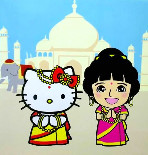 Hello Kitty x Moko chan / India Hello Kitty Indian Flag, Indian Hello Kitty, Tea Images, Hello Kitty Vans, Spring Camping, Bored Board, Charmmy Kitty, Hello Kitty Images, Kitty Images