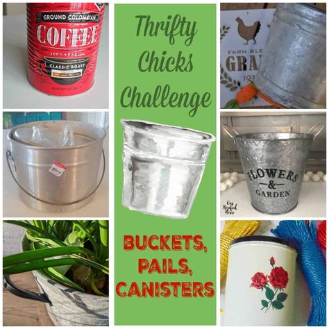 Looking for ideas to upcycle buckets, pails or canisters? Join the Thrifty Chicks team as we repurpose and upcycle old things to enjoy again! #thrifting #upcycling #repurposingbuckets #trashtotreasure Small Tin Bucket Ideas, Mini Bucket Crafts, Dollar Tree Metal Bucket Crafts, Ideas For Metal Buckets, Metal Buckets Ideas Decor, Small Bucket Craft Ideas, Tin Bucket Ideas, Metal Tin Bucket Ideas, Metal Bucket Ideas