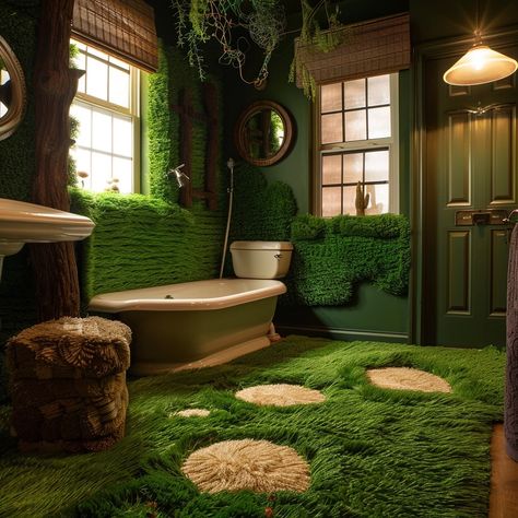 A grass-inspired bathroom creates a serene oasis with floors that mimic lush grass. Soothing green walls and botanical-themed accents enhance the natural ambiance. Natural wood elements and potted plants add earthy touches, completing this tranquil, nature-inspired retreat. Conceptual AI Art Follow @ecosapiens for more! Indoor Grass Floor, Tranquil Nature, Industrial Boho, Entryway Flooring, Grass Carpet, Faux Moss, Rustic Flooring, Green Walls, Carpet Flooring