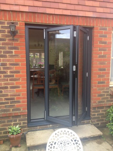 Folding French Doors Patio, Folding Door Exterior, Balcony Folding Door, Small Patio Doors Ideas, Small Patio Doors, Small Bifold Doors Onto Patio, Kitchen Doors To Outside, Bi Fold Patio Doors, Folding Door Makeover