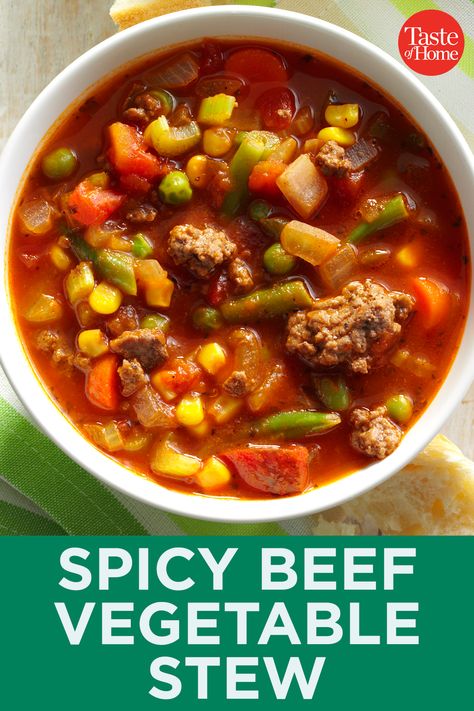 Spicy Vegetable Beef Soup, Spicy Beef Soup, Spicy Vegetable Soup, Beef Vegetable Stew, Spicy Beef Stew, Hamburger Stew, Vegetable Stew Recipe, Cauliflower Fritters, Vegetable Beef Soup