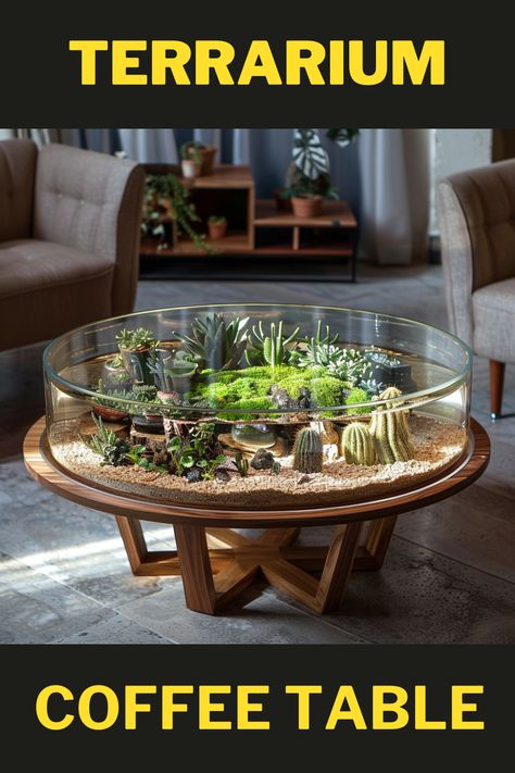 Discover the perfect blend of nature and elegance with terrarium coffee tables! 🌿✨ Elevate your home decor with these charming additions and bring the outdoors indoors. #TerrariumCoffeeTables #NatureDecor #IndoorGarden #HomeInspiration #InteriorStyling Diy Coffee Table Terrarium, Terrarium Furniture Ideas, Glass Coffee Table Terrarium, Terrarium Furniture, Furniture Terrarium, Terrarium Coffee Table, Succulent Coffee Table Diy, Living Terrarium, Vermont Cabin