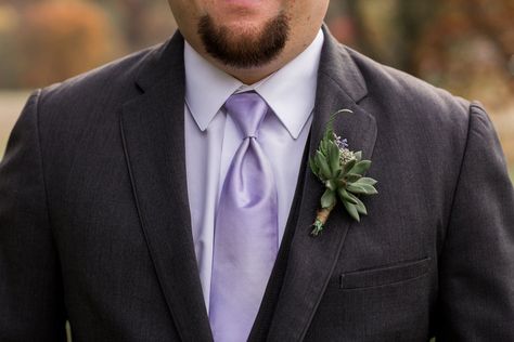 Groom Attire Black Suit, Grey Suit With Lavender Tie, Grey Suit Purple Tie Wedding, Dark Grey Suit Purple Tie, Light Grey Suit Purple Tie, Groom Boutonniere Lavender, Groom Light Purple Tie, Grooms Men Flowers Boutonnieres Liliac/plum Color, Fall Wedding Suits