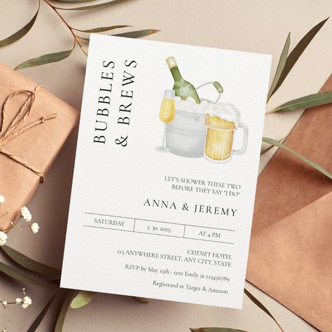 Bubbles And Brews Before The I Dos, Bubbles And Brews Couples Shower Ideas, Couples Wedding Shower Themes, Modern Minimalist Invitation, Couples Shower Themes, Bubbles And Brews, Engagement Brunch, Wedding Shower Brunch, Bridal Shower Brunch Invitations