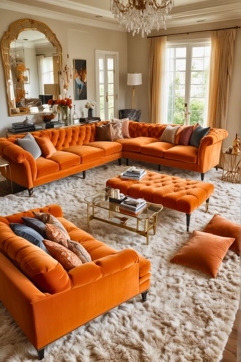 Living Room With Orange Sofa, Orange Maximalist Living Room, Orange Couch Living Room Decor, Orange Sofa Design, Orange And Brown Living Room, Orange Sofa Living Room, Orange Sofa Living Room Ideas, Orange Couch Living Room Ideas, Orange Living Room Decor Ideas