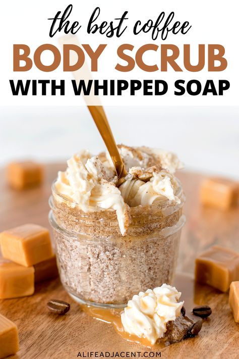 Whipped Coffee Scrub Diy, Soap Scrub Recipe, Body Scrub For Dry Skin, Coffee Body Scrub Diy, Scrub For Dry Skin, Whipped Soap Diy, Shea Butter Whipped, Whipped Body Scrub, Coffee Scrub Recipe