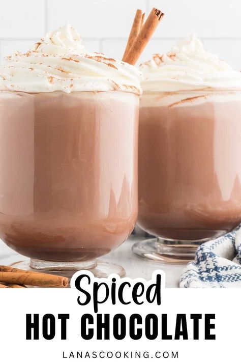 Discover the joy of homemade Spiced Hot Chocolate. Every sip of this easy recipe contains a blend of cocoa with cinnamon and nutmeg to make a comfortingly rich drink, perfect for chilly days. Spiced Hot Cocoa Recipe, Hot Drink Recipes, Spiced Hot Chocolate Recipe, Spiced Hot Chocolate, Cozy Hot Drinks, Milk Drinks, Family Breakfast Recipes, Hot Drinks Recipes, Homemade Hot Cocoa