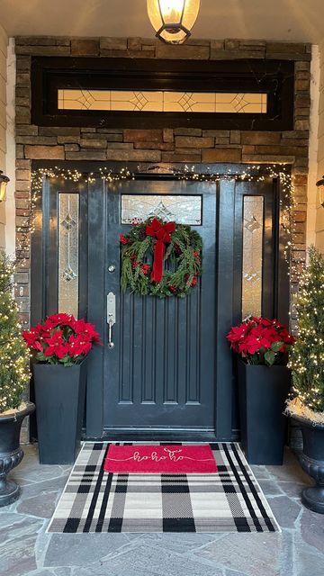 Poinsettia Front Porch, Poinsettias Front Porch, Poinsettia Decor, Cluster Lights, Pop Of Red, Christmas Front Porch, Cedar Trees, Merry Little Christmas, Resin Material