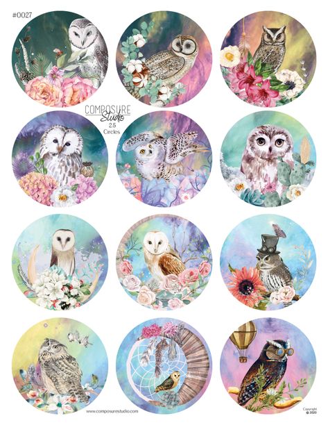 Free Printable Collage Sheets, Digital Collage Sheets Free, Round Stickers Free Printable, Tree Of Life Artwork, Owl Printables, Printable Circles, Scrapbook Printables Free, Digital Paper Free, Owl Stickers