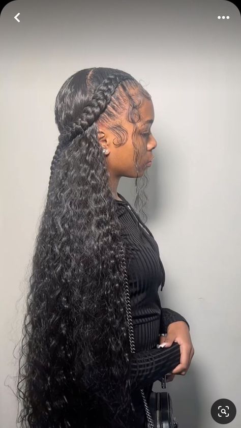 Cute Hairstyles For Basketball Pictures, Hairstyle Sew In Black Women, Hair Tutorials Half Up, Curly Hair See In, Swoop With Weave, Cute Hairstyles With Color, Braided Hoco Hairstyles, 22nd Birthday Hairstyles, Two Braids Hairstyle With Curly Hair